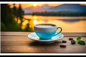 uma copo do café em uma de madeira mesa com uma Visão do a lago. gerado por IA foto