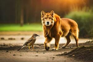 uma cachorro e uma pássaro caminhando em uma sujeira estrada. gerado por IA foto
