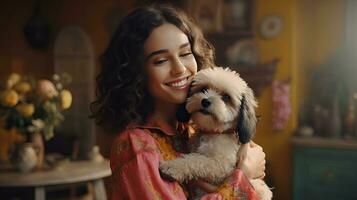 jovem mulher sorridente com dela pequeno animal cachorro, conceito do companhia, ai gerado foto