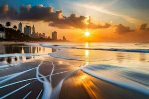 a Sol sobe sobre a cidade Horizonte em uma de praia. gerado por IA foto