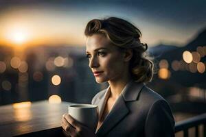 uma mulher dentro uma terno segurando uma café copo. gerado por IA foto