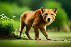 uma cachorro é em pé dentro a Relva perto alguns flores gerado por IA foto