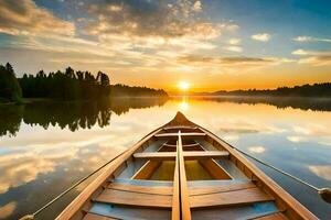 uma canoa é flutuando em uma calma lago às pôr do sol. gerado por IA foto
