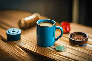 uma azul café caneca em uma de madeira mesa. gerado por IA foto