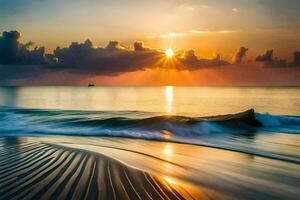 pôr do sol sobre a oceano com ondas falhando para dentro a areia. gerado por IA foto