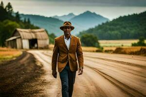 uma homem dentro uma chapéu e Jaqueta caminhando baixa uma sujeira estrada. gerado por IA foto