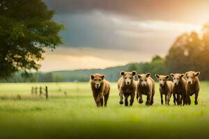 uma rebanho do vacas corrida dentro a grama. gerado por IA foto