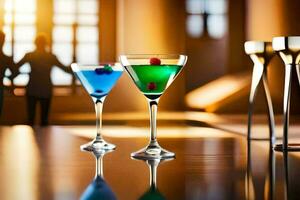 dois martini óculos com colorida bebidas em uma mesa. gerado por IA foto