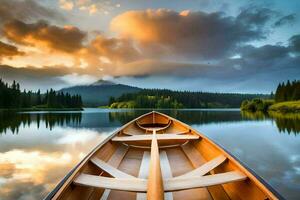 uma barco em a lago às pôr do sol. gerado por IA foto