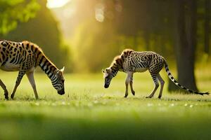 dois zebras pastar dentro a grama. gerado por IA foto