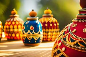 colorida vasos com desenhos em eles estão sentado em uma mesa. gerado por IA foto