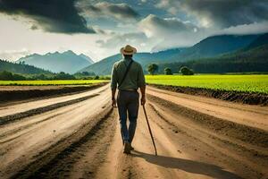 uma homem caminhando baixa uma sujeira estrada com uma bengala. gerado por IA foto