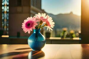 uma azul vaso com Rosa flores sentado em uma mesa. gerado por IA foto