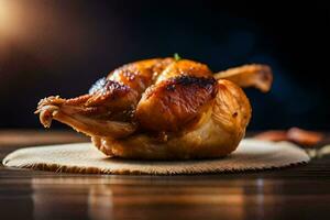 frango em uma de madeira mesa com uma Sombrio fundo. gerado por IA foto