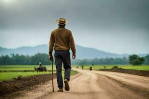 uma homem caminhando baixa uma sujeira estrada com uma bengala. gerado por IA foto