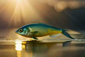 uma peixe é em pé em a água com a Sol brilhando. gerado por IA foto