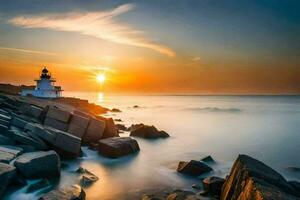 uma farol senta em a pedras às pôr do sol. gerado por IA foto