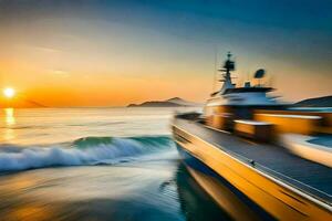 uma barco dentro a oceano às pôr do sol. gerado por IA foto
