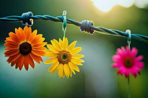 colorida flores suspensão a partir de uma arame. gerado por IA foto