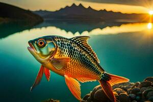 uma peixe é em pé em a pedras às pôr do sol. gerado por IA foto