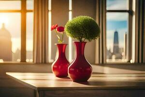dois vermelho vasos com flores em uma mesa dentro frente do uma janela. gerado por IA foto