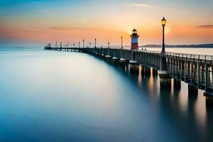 uma grandes exposição fotografia do uma farol em uma cais. gerado por IA foto