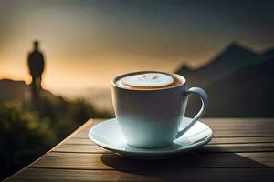 uma copo do café em uma de madeira mesa com uma silhueta do uma homem dentro a fundo. gerado por IA foto