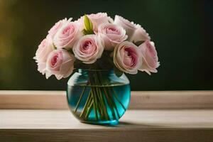 Rosa rosas dentro uma vaso em uma mesa. gerado por IA foto