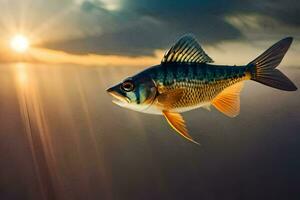 uma peixe vôo dentro a céu com a Sol atrás isto. gerado por IA foto