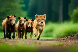 uma grupo do Castanho ursos corrida junto. gerado por IA foto