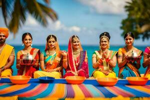 indiano mulheres dentro colorida sáris sentado em uma de praia. gerado por IA foto