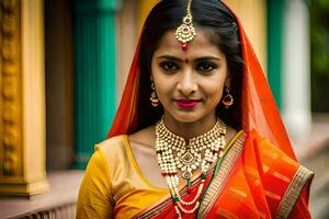 lindo indiano mulher dentro tradicional sári. gerado por IA foto