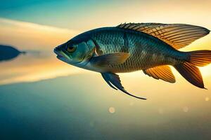 uma peixe é vôo sobre a água às pôr do sol. gerado por IA foto