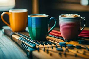 dois café copos em uma de madeira mesa. gerado por IA foto