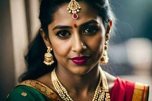 uma lindo indiano mulher vestindo uma vermelho sari e ouro joia. gerado por IA foto