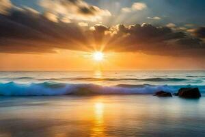a Sol sobe sobre a oceano e ondas. gerado por IA foto