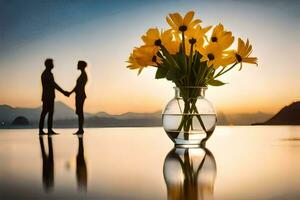 dois pessoas segurando mãos dentro frente do uma vaso do amarelo flores gerado por IA foto
