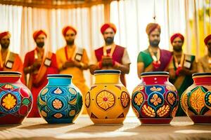 uma grupo do homens dentro colorida roupas em pé por aí uma mesa com vasos. gerado por IA foto