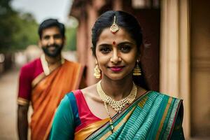 uma mulher dentro tradicional sari em pé Próximo para uma homem dentro tradicional traje. gerado por IA foto