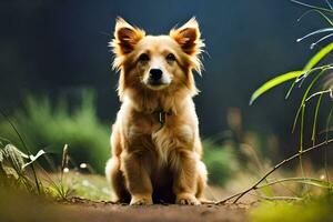 uma cachorro sentado em a terra dentro a madeiras. gerado por IA foto