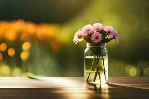 uma vaso do Rosa flores em uma mesa. gerado por IA foto