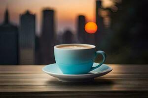 uma copo do café em uma de madeira mesa dentro frente do uma paisagem urbana. gerado por IA foto