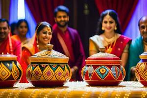 indiano Casamento cerimônia com colorida potes. gerado por IA foto