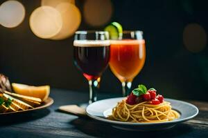 espaguete e vinho em uma mesa. gerado por IA foto