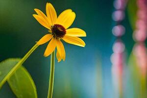 uma solteiro amarelo flor é em pé dentro frente do uma verde fundo. gerado por IA foto