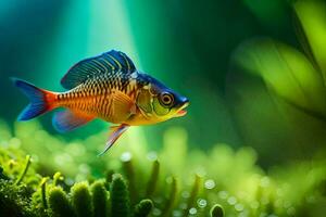 uma peixe natação dentro a água com verde plantas. gerado por IA foto