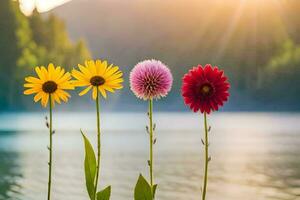 quatro colorida flores estão em pé dentro frente do uma lago. gerado por IA foto