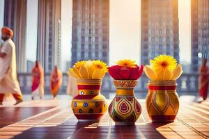 três colorida vasos com flores em a chão. gerado por IA foto