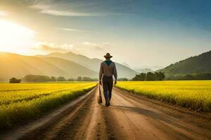 uma agricultor anda em em uma estrada dentro uma campo às pôr do sol. gerado por IA foto