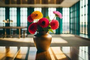 uma vaso do colorida flores sentado em uma mesa. gerado por IA foto